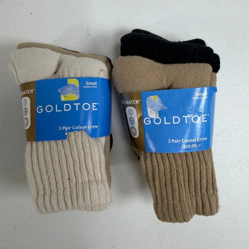 Goldtoe Small 6 Pair Crew Socks Kids EZ Match Neutral Tan Black Casual Ribbed